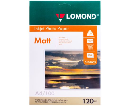 Фотобумага А4 для стр. принтеров Lomond, 120г/м2 (100л) матовая односторонняя 0102003