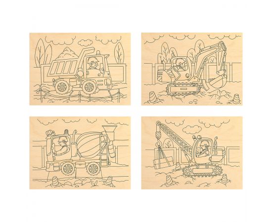 Набор досок для выжигания и росписи по дереву ТРИ СОВЫ "Строительная техника", 4шт., 15*21см, пакет с европодвесом НВ_56781