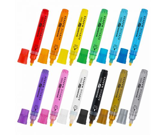 Маркеры акриловые для рисования и хобби, 12 ярких цветов, линия 3мм, BRAUBERG ART CLASSIC, 152525 152525