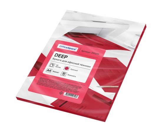 Бумага цветная OfficeSpace deep А4, 80г/м2, 50л. (красный) 245199