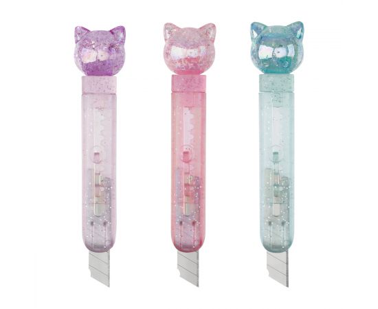 Нож канцелярский 9мм MESHU "Crystal Kitten", блистер, европодвес, ассорти MS_64840