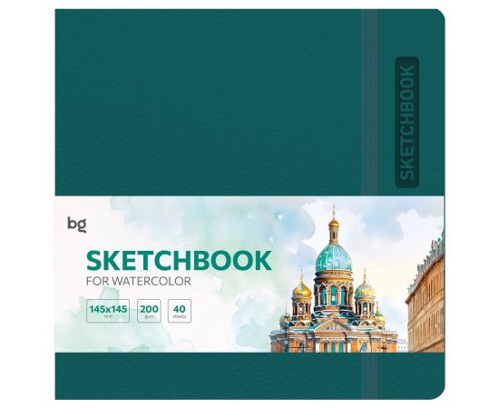 Скетчбук для акварели 40л., 145*145 BG "Bright. Teal", кожзам, на резинке, 200г/м2 Cк40с_61741
