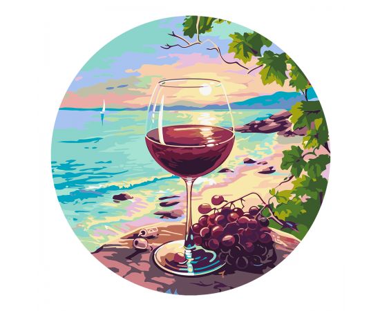 Картина по номерам на фигурном холсте ТРИ СОВЫ "Закат, вино и море", форма круг, с акриловыми красками и кистями FCF30_00006