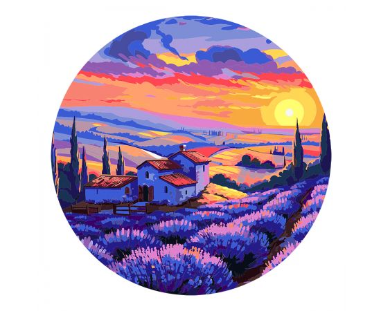 Картина по номерам на фигурном холсте ТРИ СОВЫ "Лавандовый закат", форма круг, с акриловыми красками и кистями FCF30_00007