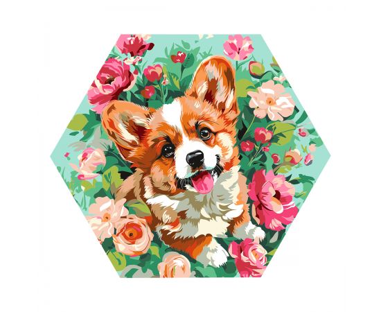 Картина по номерам на фигурном холсте ТРИ СОВЫ "Корги в цветах", форма многоугольник, с акриловыми красками и кистями FCF30_00010