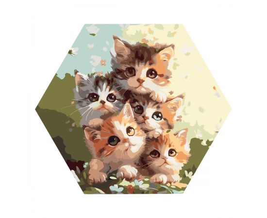 Картина по номерам на фигурном холсте ТРИ СОВЫ "Пять милых котят", форма многоугольник, с акриловыми красками и кистями FCF30_00011