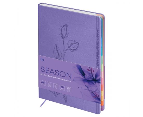 Еженедельник датированный 2026г., А6+, 80л., мягкий переплет, кожзам, BG "Season. Orchid", сиреневый, полноцветный вырубной блок Wd_66082