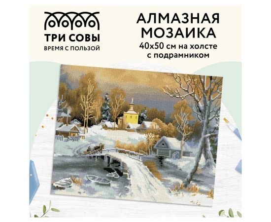 Алмазная мозаика ТРИ СОВЫ "Зима в деревне", 40*50см, холст на деревянном подрамнике, картонная коробка с пластиковой ручкой АМП4050_47613