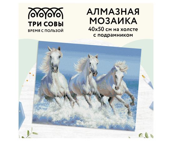 Алмазная мозаика ТРИ СОВЫ "Белая тройка лошадей", 40*50см, холст на деревянном подрамнике, картонная коробка с пластиковой ручкой АМП4050_47618