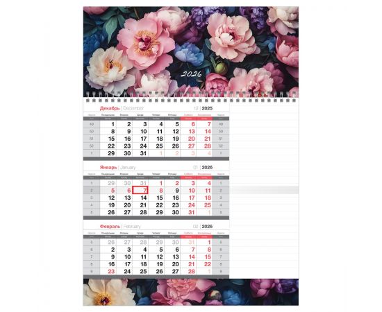 Календарь квартальный 1 бл. на 1 гр., 295*410 мм BG Mono "Цветы", с бегунком, бл. для заметок, 2026г 380931