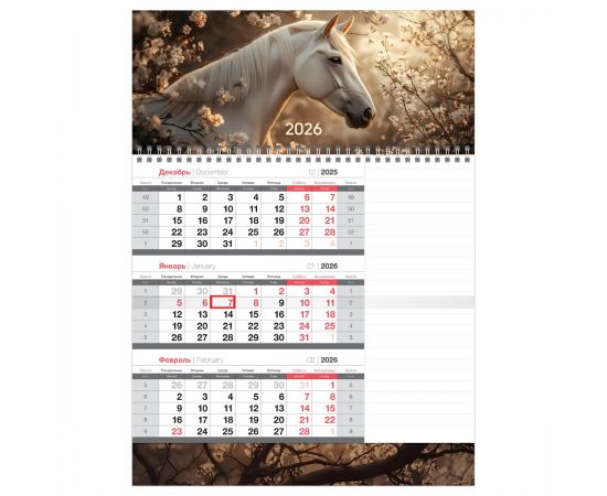 Календарь квартальный 1 бл. на 1 гр., 295*410 мм BG Mono "Лошадь", с бегунком, бл. для заметок, 2026г 380932