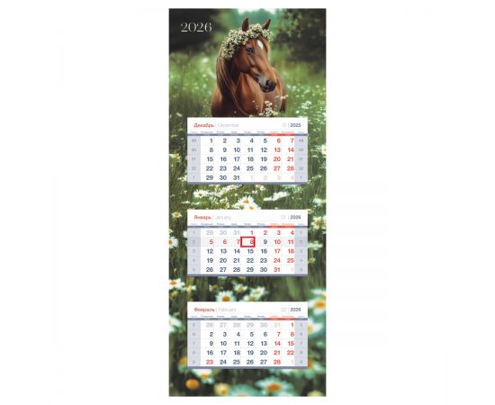 Календарь квартальный 3 бл. на склейке, 340*840 мм BG Люкс прямой "Ромашковое поле", с бегунком, 2026г. 380979