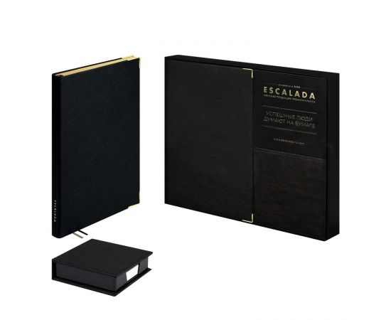 Ежедневник недатированный + подставка с блоком (набор подарочный) ESCALADA, А5, 160 л., арт. 70559/ 5 ШЕВРЕТ ГЛОСС ЧЁРНЫЙ (кожзам: ежедневника: 146х211 мм, подставки для блока: 107х107х28 мм, интеграл 70559