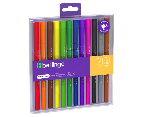 Двусторонние фломастеры для скетчинга "Brush&Fineliner", 12цв, кисть+линер, смываемые, РЕТ бокс, европодвес BP_00112
