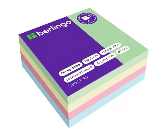 Самоклеящийся блок Berlingo "Ultra Sticky", 75*75мм, 400л., 4 пастельных цвета LSn_40001
