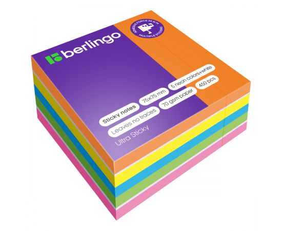Самоклеящийся блок Berlingo "Ultra Sticky", 75*75мм, 450л., 5 неоновых цветов + 1 белый LSn_40202