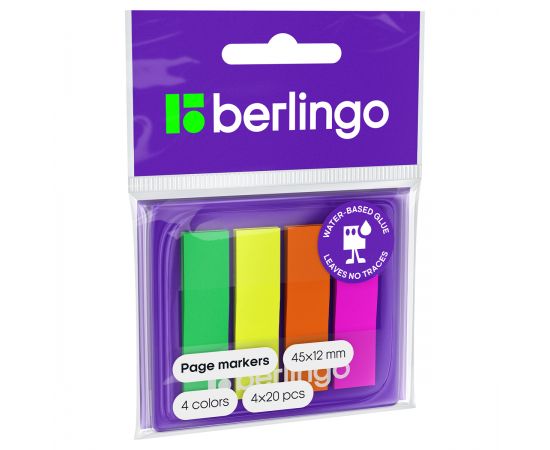 Флажки-закладки Berlingo 45*12мм, 20л*4 неоновых цвета, в диспенсере, европодвес LSz_45125