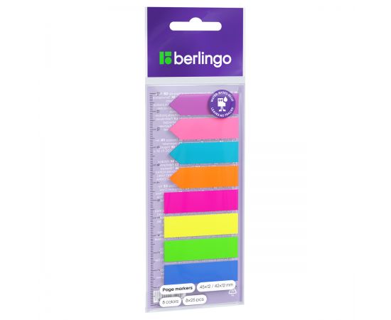 Флажки-закладки Berlingo, 45*12/42*12мм, 25л*8 неоновых цветов, с линейкой, европодвес LSz_45128