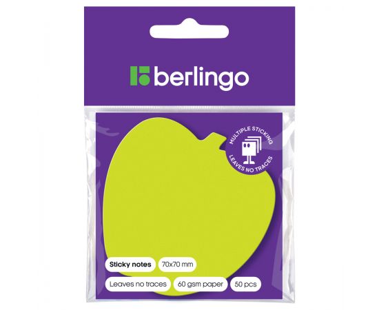 Самоклеящийся блок фигурный Berlingo "Яблоко", 70*70мм, 50л., зеленый неон, европодвес LSz_76014