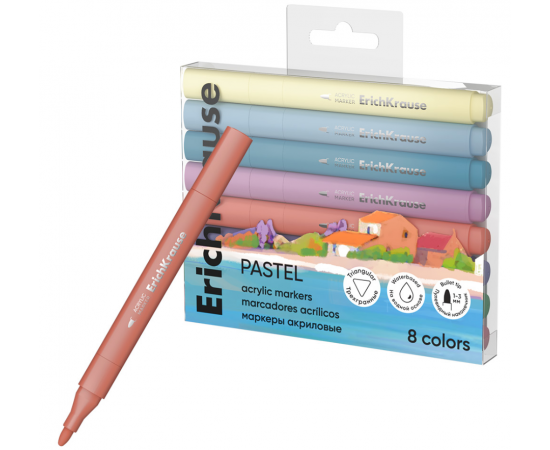 Маркеры акриловые ErichKrause Art Spirit Pastel c пулевидным наконечником 8 цветов (в ПЭТ-боксе  с европодвесом 8 шт) 61841