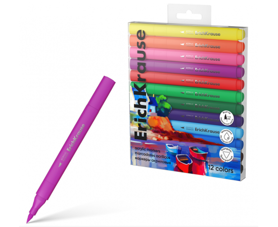 Маркеры акриловые ErichKrause Art Spirit с наконечником кистью 12 цветов (в ПЭТ-боксе с европодвесом 12 шт) 61840