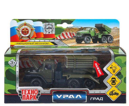 Машина металл УРАЛ -град ВОЕННЫЙ, свет+звук, открыв. двери, инерц 399272 399272