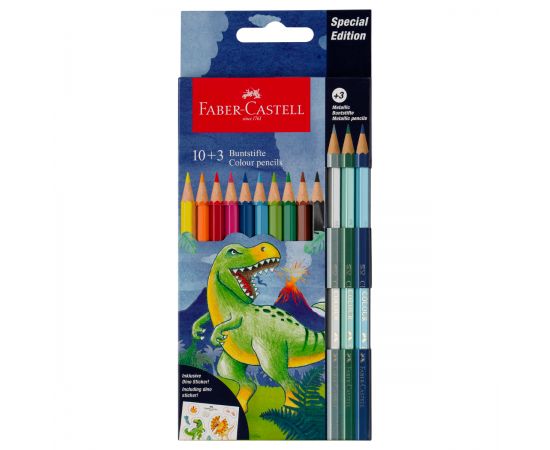 Карандаши цветные Faber-Castell "Dinosaur", 10 цв. + 3 цв. металл. + наклейки, заточен., картон, европодвес 111213