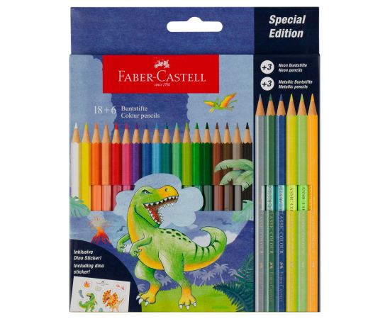 Карандаши цветные Faber-Castell "Dinosaur", 18 цв. + 3 цв. металл. + 3 цв. неон. + наклейки, заточен., картон, европодвес 111222