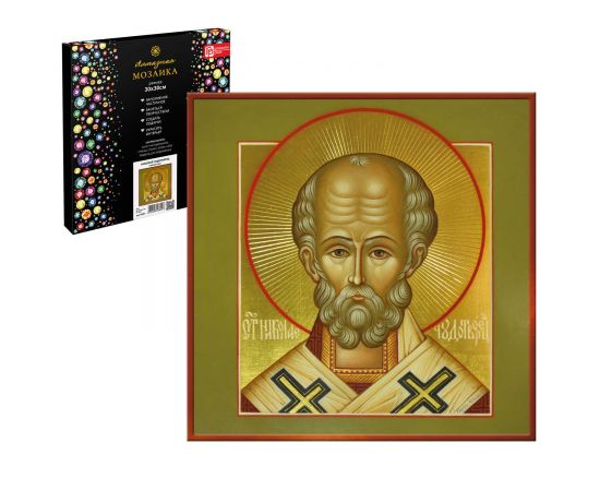 Набор для творчества Алмазная  мозаика с частичной выкладкой арт. 65601 / 25 НИКОЛАЙ ЧУДОТВОРЕЦ, размер: 30*30 см, (9 цветов страз, холст на подрамнике с напечатанной картиной, покрытый клеевым слоем и защитной пленкой, пакеты со стразами, стилус, ло 65601