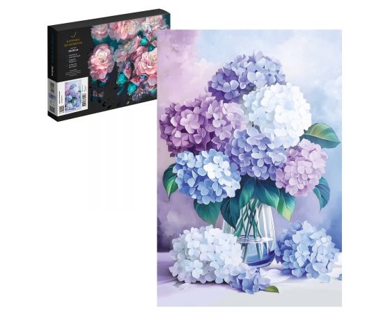 Набор для творчества Картина по номерам арт. 71243 / 40 БУКЕТ ГОРТЕНЗИЙ, размер: 20х30 см, (15 цвета (-ов), холст на  деревянном подрамнике с напечатанной схемой рисунка, контрольный лист с нанесенной схемой, краски акриловые на водной основе (упаков 71243