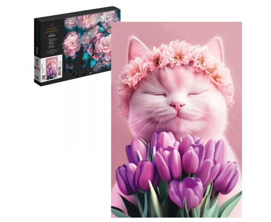 Набор для творчества Картина по номерам арт. 71246 / 40 КОТ С ТЮЛЬПАНАМИ, размер: 20х30 см, (15 цвета (-ов), холст на  деревянном подрамнике с напечатанной схемой рисунка, контрольный лист с нанесенной схемой, краски акриловые на водной основе (упако 71246
