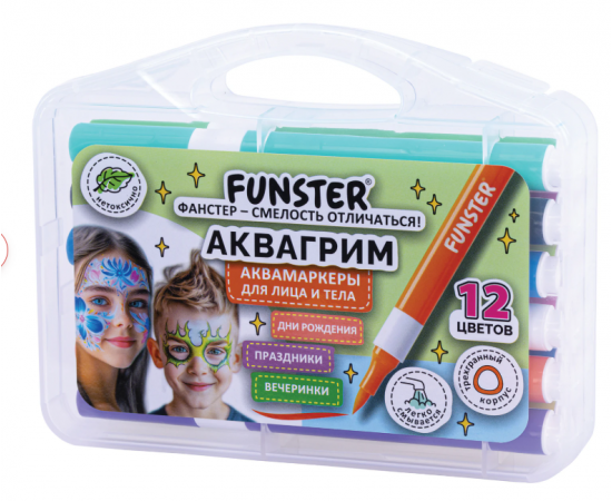 Аквагрим аквамаркеры для лица и тела 12 цветов, FUNSTER (ФАНСТЕР), пластиковый кейс, 152609 152609