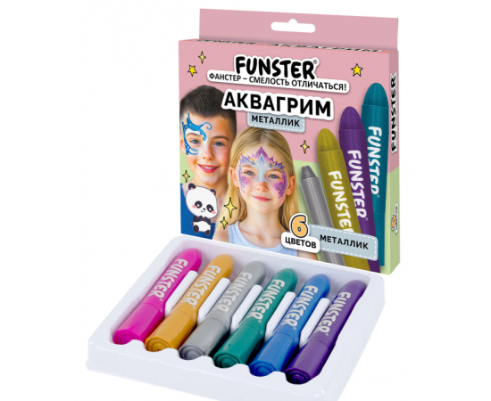 Аквагрим для лица и тела 6 цветов МЕТАЛЛИК, FUNSTER, легко смываются, 192574 192574