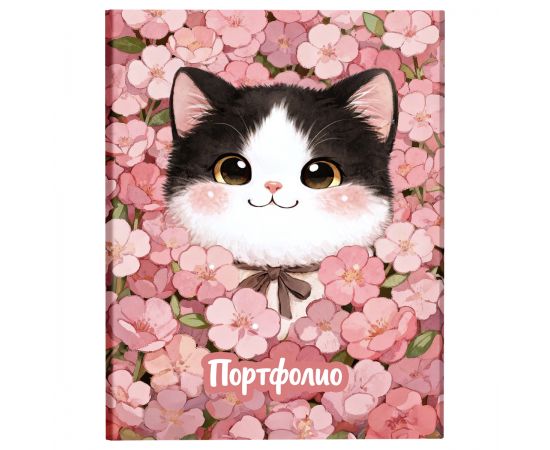 Папка-портфолио 7БЦ А4 BG, на 4 кольцах, для школьницы "Котёнок в цветах", 20 файлов ПФ_72384
