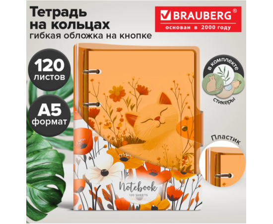 Тетрадь на кольцах А5 180х220, 120л, неон. пластик, клапан, BRAUBERG VIBE, Оранжевый, 405220 405220